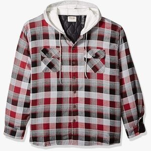 Wrangler Red Grey Black Plaid Quilted Hooded Flannel Lumberjack Shacket Small